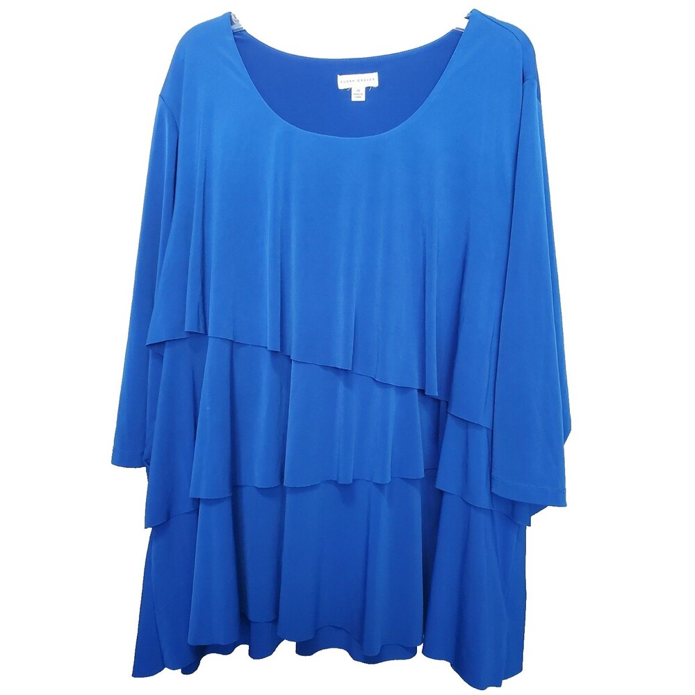 Susan Graver LiquidKnit Blue Tiered 3/4 Sleeve Tunic Size 3X Lagenlook A220987